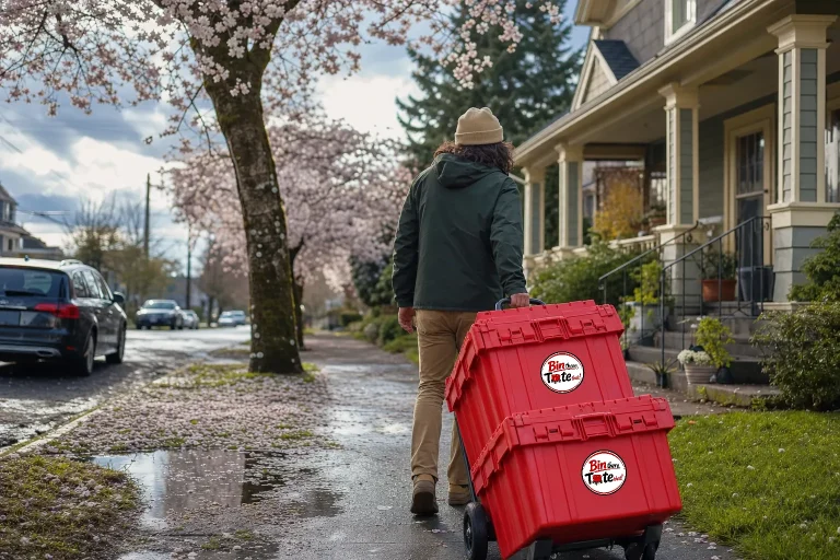 Person wheeling red moving totes toward a craftsman porch past cherry blossoms and puddles under a changeable Portland sky