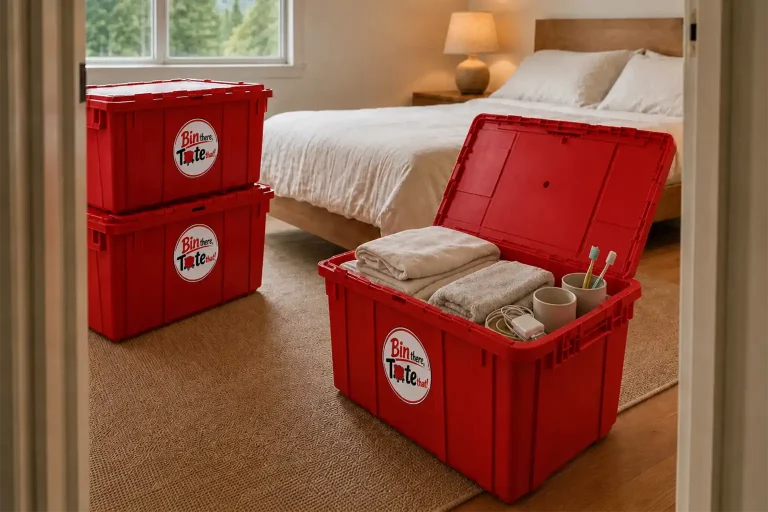 Open red moving tote holding sheets, a towel, chargers, and toiletries in a bedroom doorway on move-in night