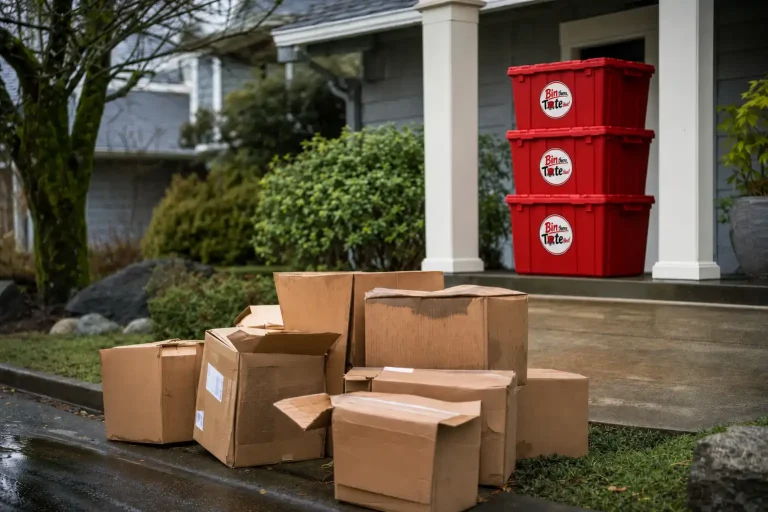 Curbside pile of sagging secondhand cardboard boxes in drizzle with a clean stack of red moving totes on a covered porch behind