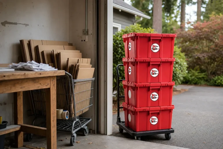 Folded new cardboard boxes and tape leaning in a garage doorway while a hand truck of red moving totes waits at the driveway edge