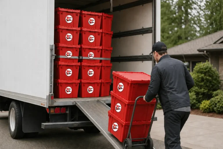 Half-loaded moving truck with uniform strapped columns of red totes as a person rolls the next one up the ramp