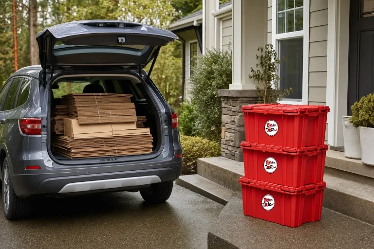 SUV tailgate stacked with newly bought folded cardboard boxes while three latched red moving totes sit on the porch steps