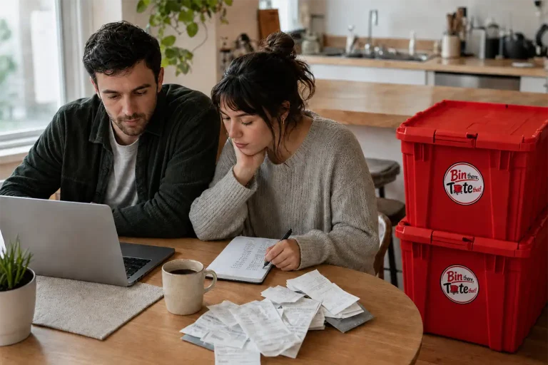 Laptop, handwritten budget notepad, and receipts on a kitchen table beside two latched red moving totes