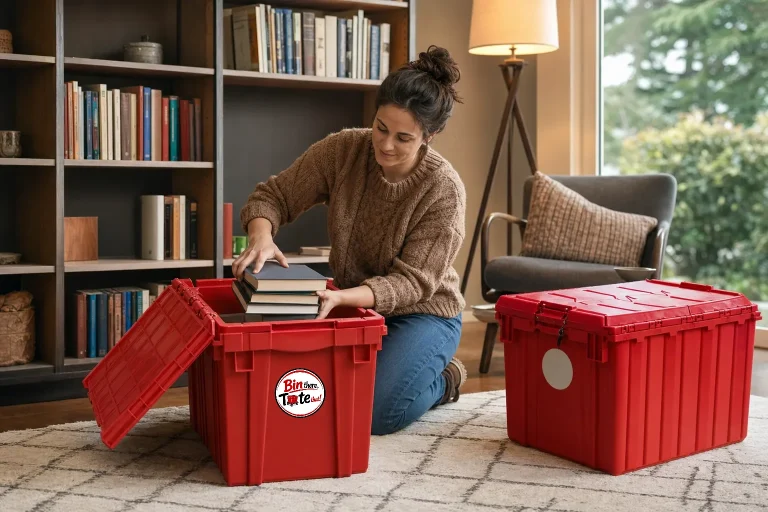 Person laying hardcover books flat into an open red moving tote beside a half-emptied bookshelf