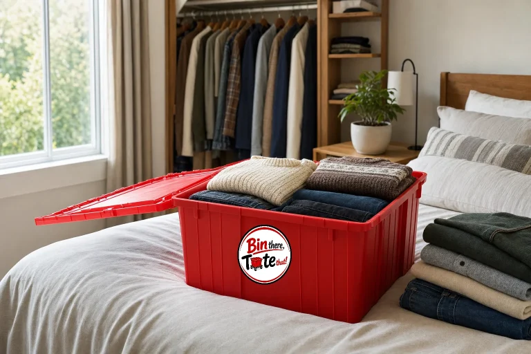 Folded sweaters and jeans layered into an open red moving tote on a bed with hanging clothes behind