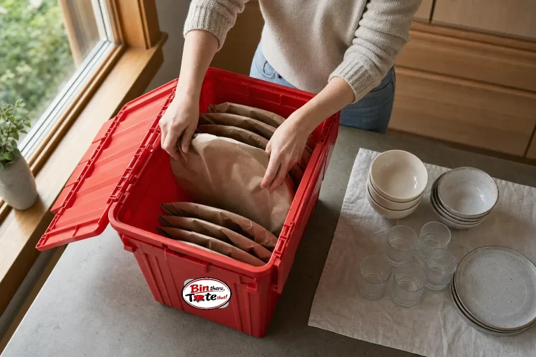 Overhead view of hands nesting paper-wrapped plates vertically into an open red moving tote on a kitchen counter