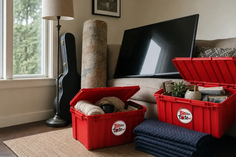 Floor lamp, guitar case, rolled rug, and TV gathered beside open red moving totes and folded moving blankets