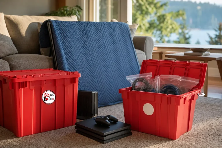 Blanket-wrapped flat-screen TV leaning on a sofa beside a red moving tote of bagged cables and a game console