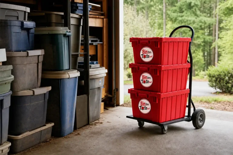 Plastic moving bins beside red rental moving totes and a hand truck in a garage