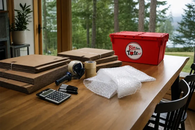 Dining table laid out with boxes, tape, bubble wrap, markers, and a calculator next to a single closed red moving tote
