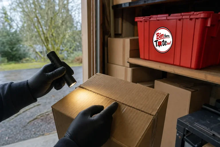 Gloved hands inspecting the seams of a secondhand cardboard box under a flashlight with a clean red moving tote set apart on a shelf