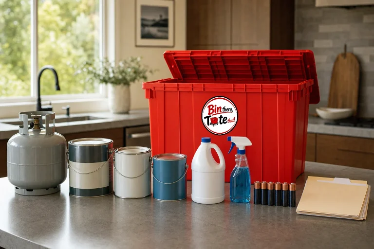 Propane canister, paint cans, chemicals, batteries, and a documents folder lined up in front of an empty open red moving tote