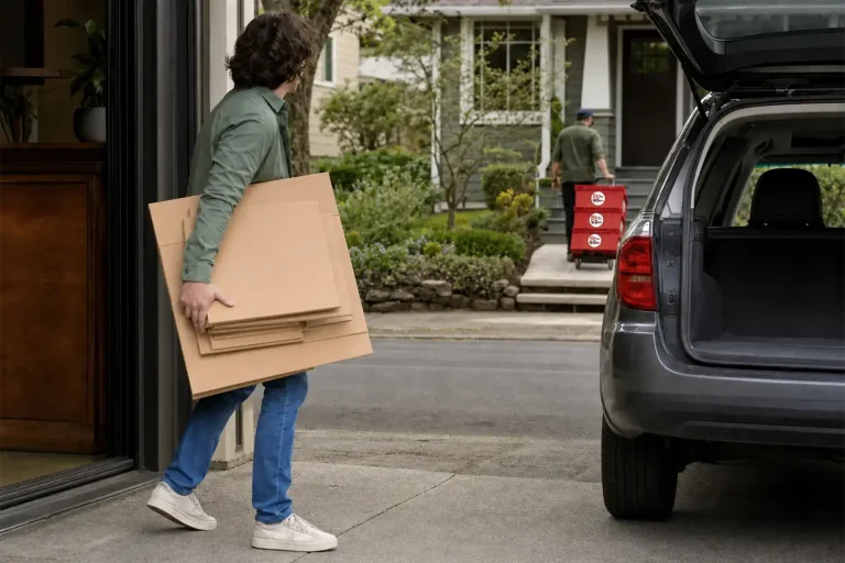 Person carrying flattened cardboard from a Portland storefront while a driver wheels red moving totes up a bungalow path across the street